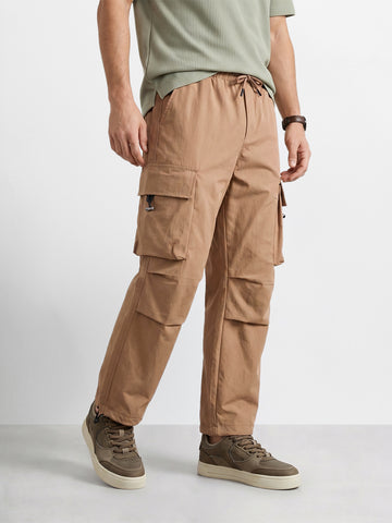 Men's Khaki Baggy Fit Solid Utility Cargo