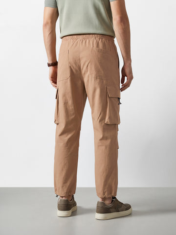 Men's Khaki Baggy Fit Solid Utility Cargo