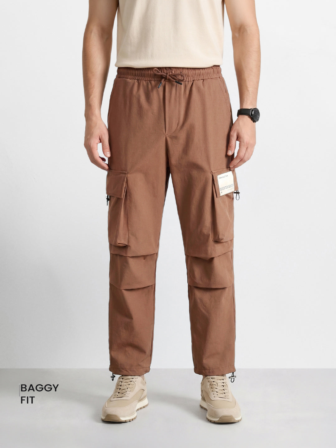 Men's Brown Baggy Fit Solid Utility Cargos