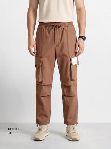 Men's Brown Baggy Fit Solid Utility Cargos