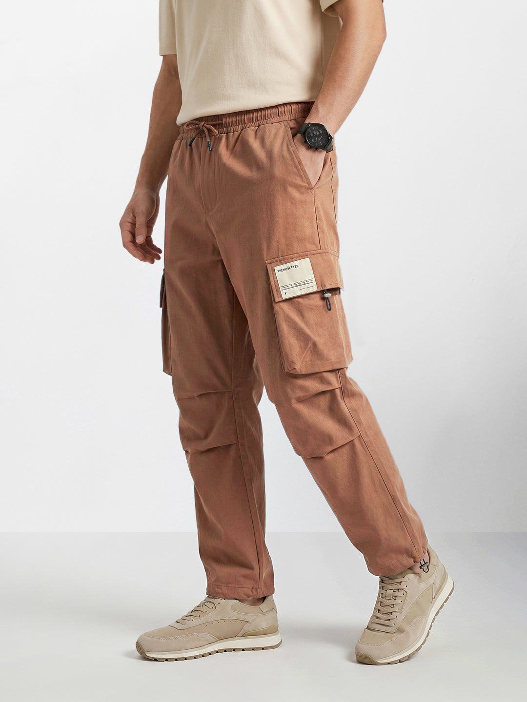 Men's Brown Baggy Fit Solid Utility Cargos