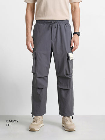Men's Grey Baggy Fit Solid Utility Cargo