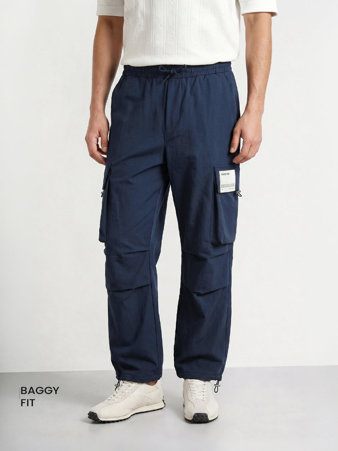 Men's Navy Blue Baggy Fit Solid Utility Cargos