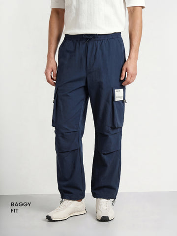 Men's Navy Blue Baggy Fit Solid Utility Cargos