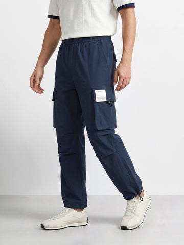 Men's Navy Blue Baggy Fit Solid Utility Cargos
