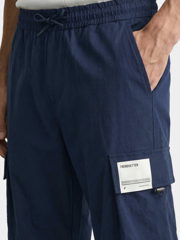 Men's Navy Blue Baggy Fit Solid Utility Cargos