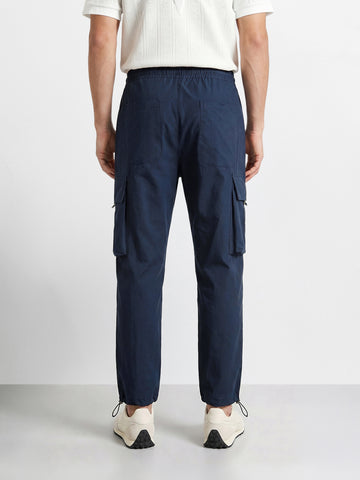 Men's Navy Blue Baggy Fit Solid Utility Cargos