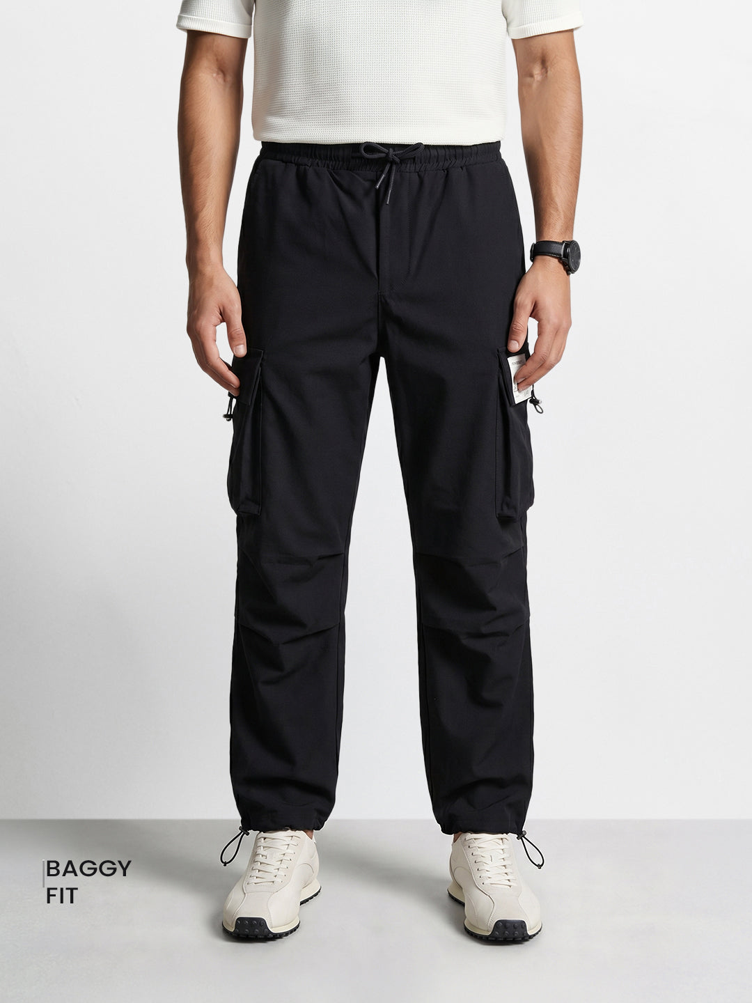 Men's Black Baggy Fit Solid Utility Cargo