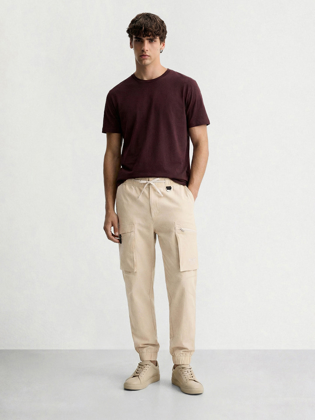 Men's Beige Relaxed Fit Solid Utility Cargo