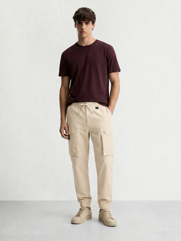 Men's Beige Relaxed Fit Solid Utility Cargo