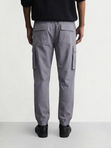 Men's Grey Relaxed Fit Solid Utility Cargo