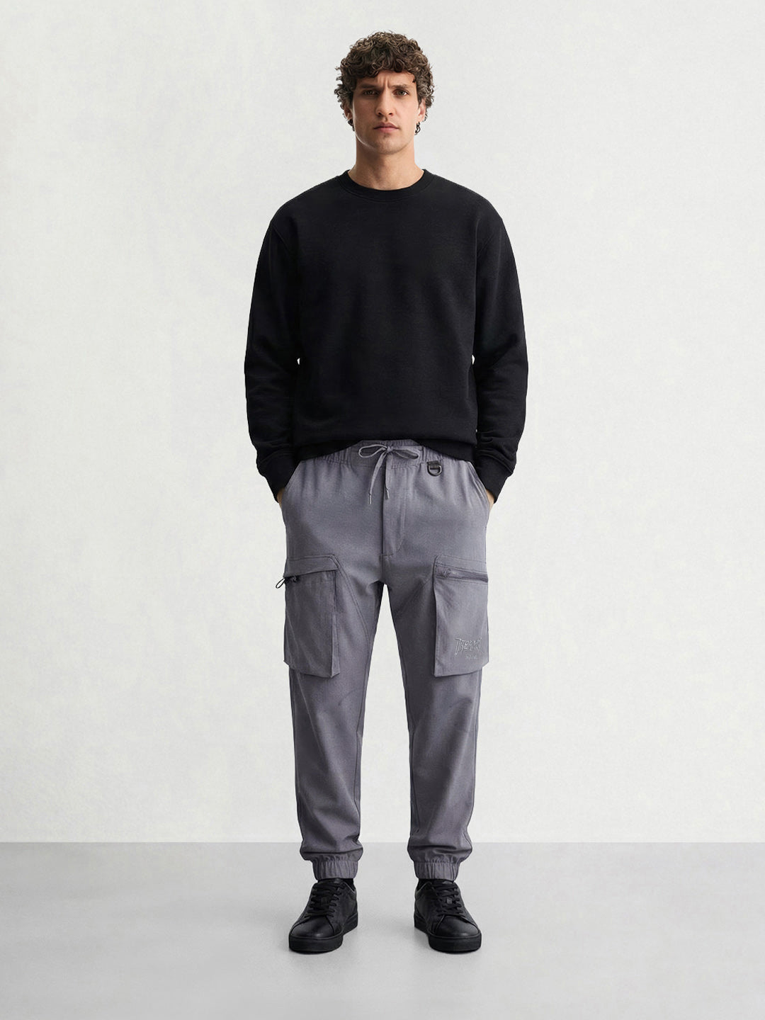 Men's Grey Relaxed Fit Solid Utility Cargo