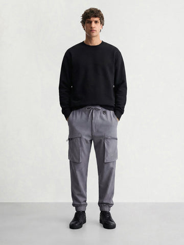 Men's Grey Relaxed Fit Solid Utility Cargo
