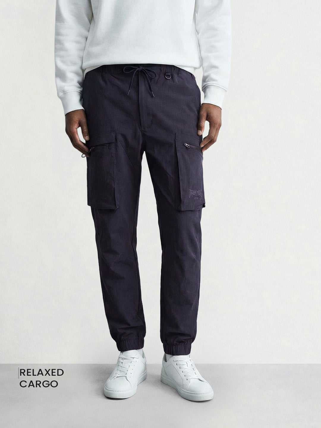 Men's Navy Blue Relaxed Fit Solid Utility Cargo