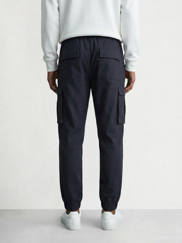 Men's Navy Blue Relaxed Fit Solid Utility Cargo
