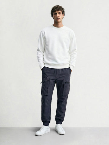 Men's Navy Blue Relaxed Fit Solid Utility Cargo