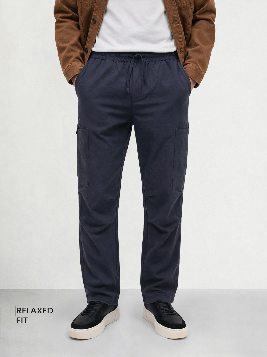 Men's Navy Blue Relaxed Fit Solid Utility Cargo