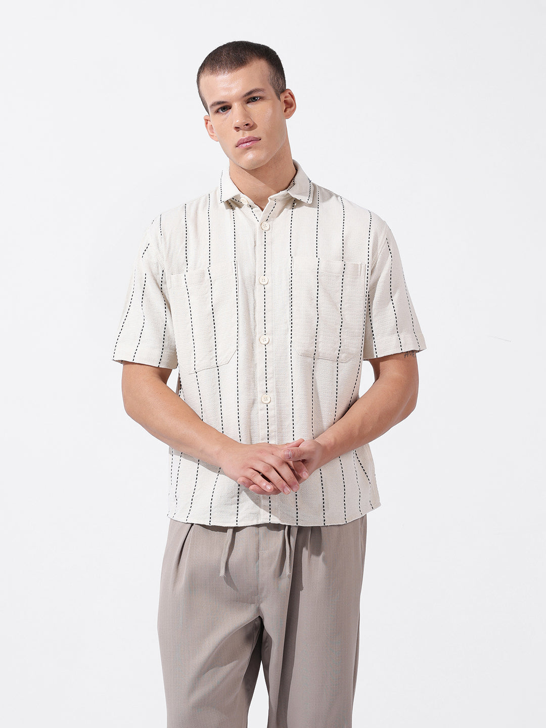 Men's Off White Relaxed Fit Striped Resort Wear Shirt