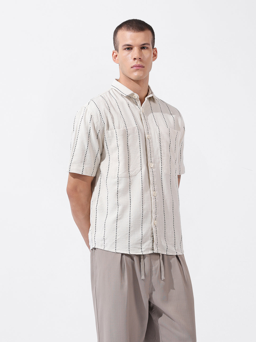 Men's Off White Relaxed Fit Striped Resort Wear Shirt