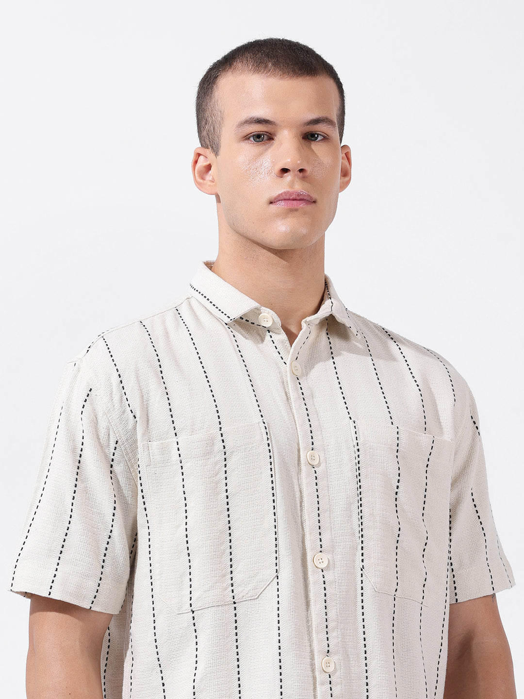 Men's Off White Relaxed Fit Striped Resort Wear Shirt