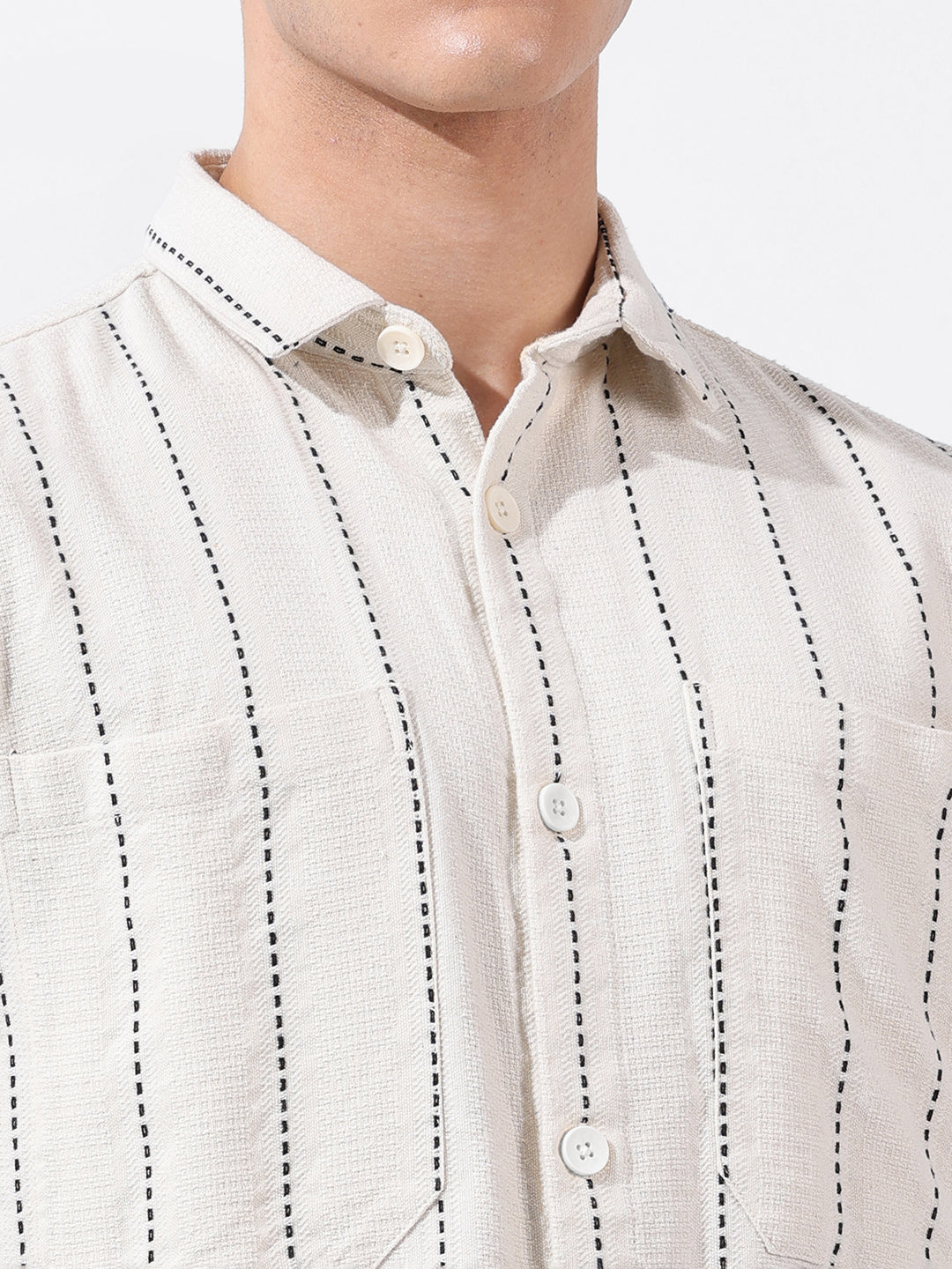Men's Off White Relaxed Fit Striped Resort Wear Shirt