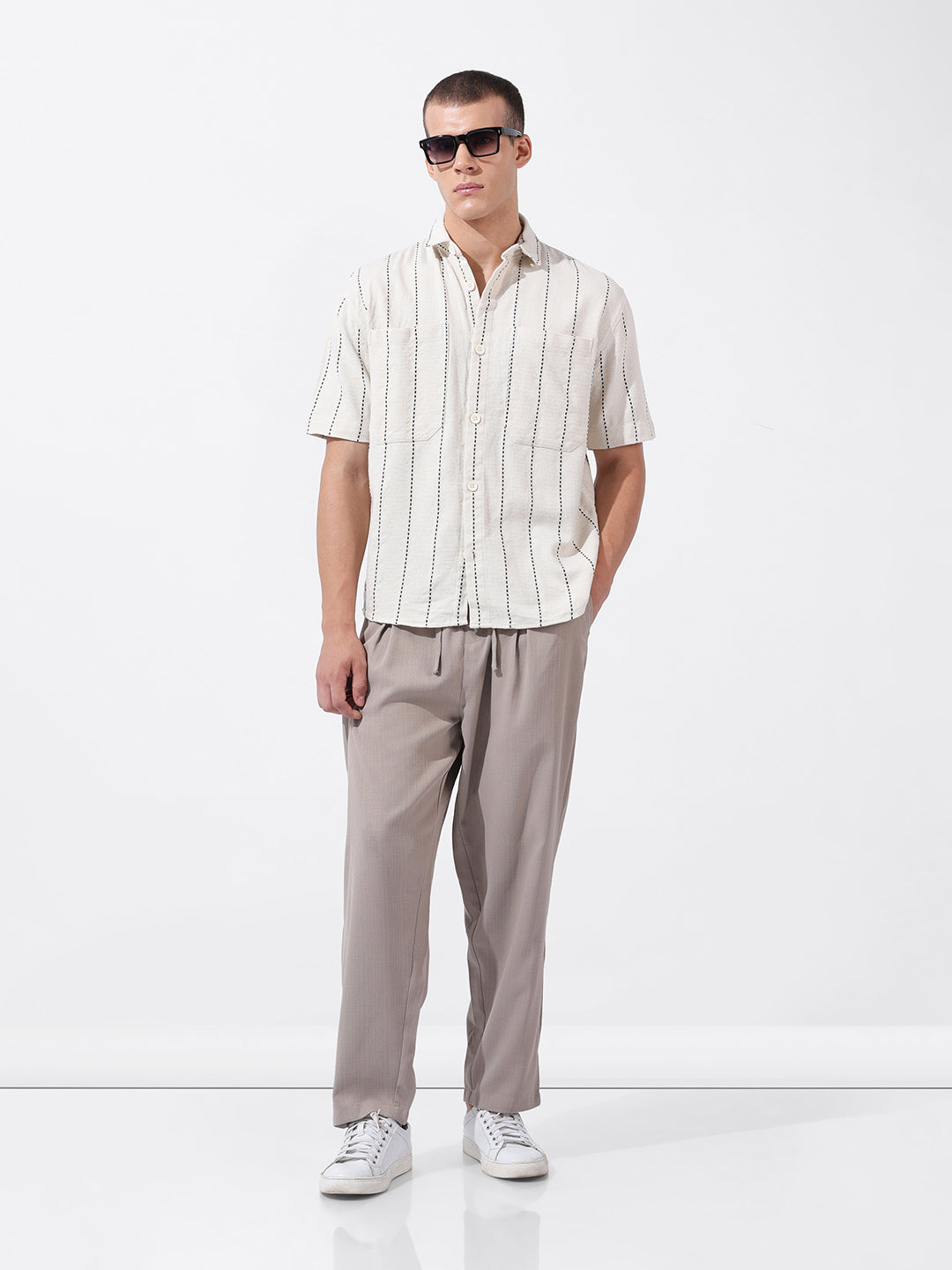 Men's Off White Relaxed Fit Striped Resort Wear Shirt