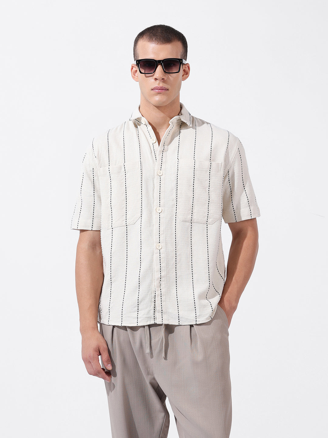 Men's Off White Relaxed Fit Striped Resort Wear Shirt