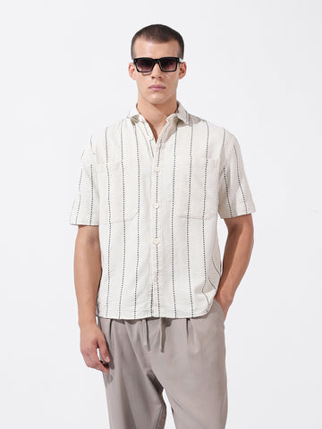 Men's Off White Relaxed Fit Striped Resort Wear Shirt