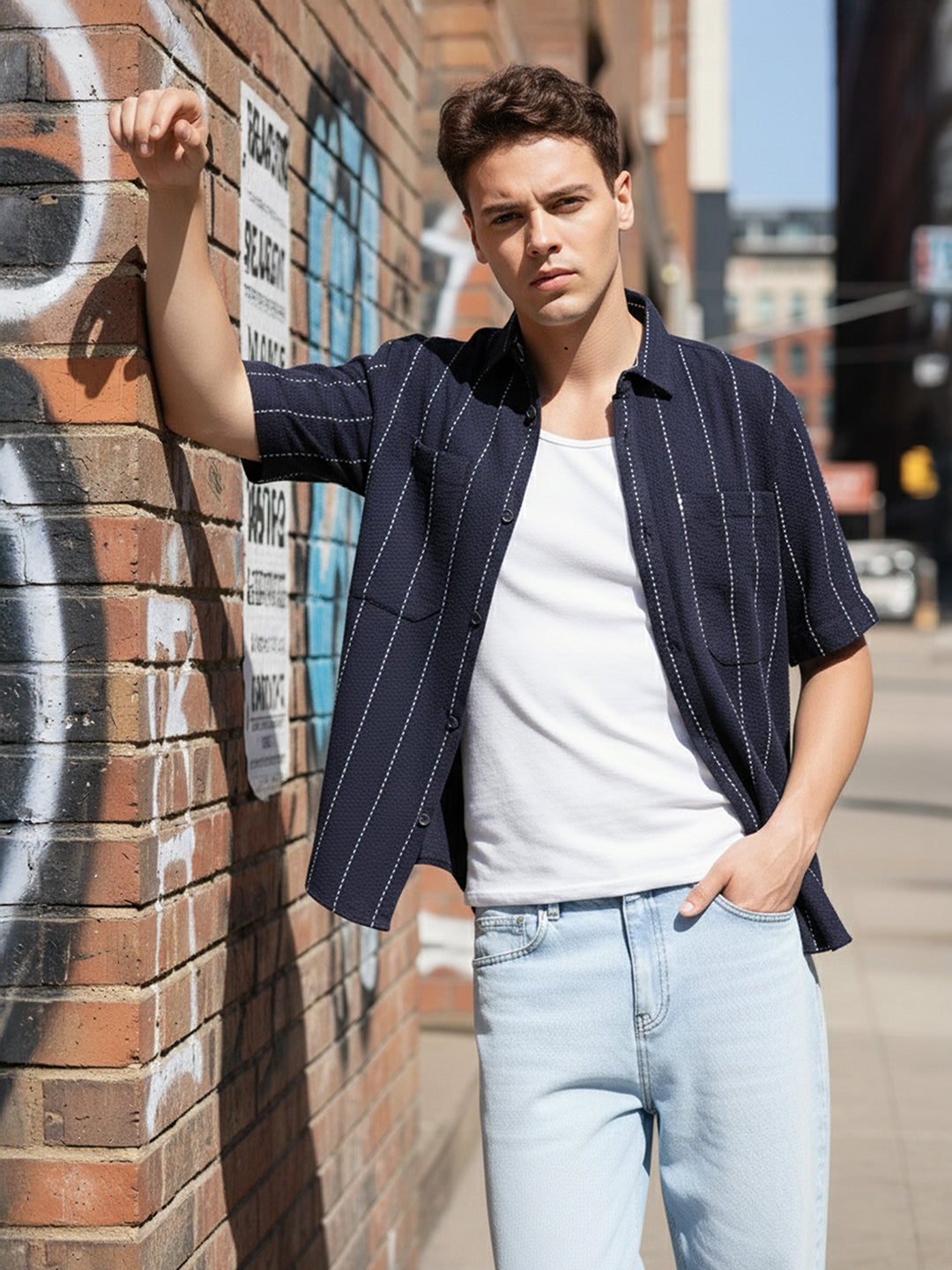 Men's Navy Blue Relaxed Fit Striped Resort Shirt