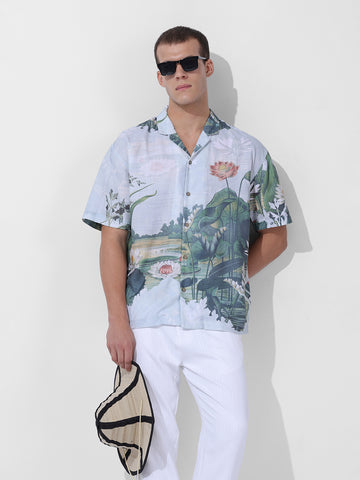 Men's Green Relaxed Fit Printed Resort Wear Shirt