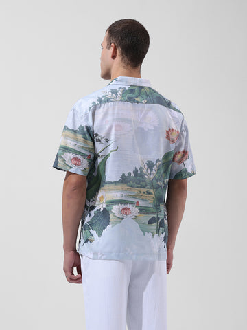 Men's Green Relaxed Fit Printed Resort Wear Shirt