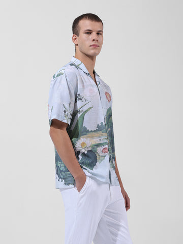 Men's Green Relaxed Fit Printed Resort Wear Shirt