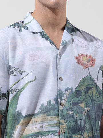 Men's Green Relaxed Fit Printed Resort Wear Shirt