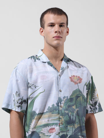 Men's Green Relaxed Fit Printed Resort Wear Shirt