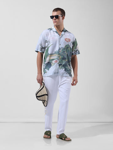 Men's Green Relaxed Fit Printed Resort Wear Shirt