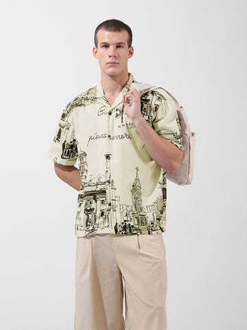 Men's Cream Relaxed Fit Printed Resort Wear Shirt