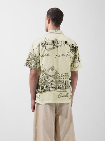 Men's Cream Relaxed Fit Printed Resort Wear Shirt