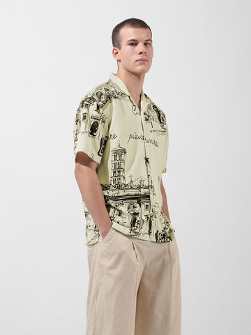 Men's Cream Relaxed Fit Printed Resort Wear Shirt