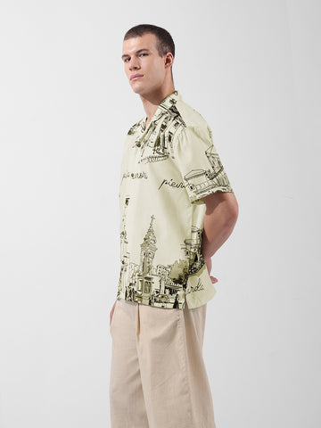 Men's Cream Relaxed Fit Printed Resort Wear Shirt