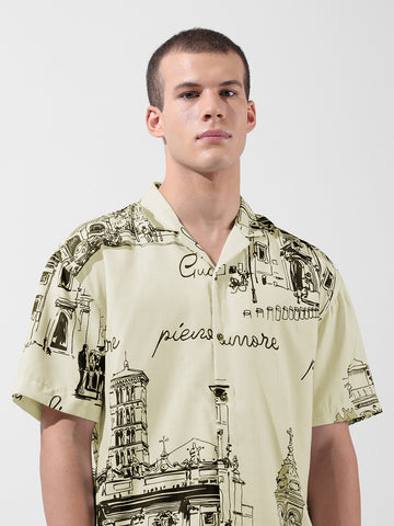 Men's Cream Relaxed Fit Printed Resort Wear Shirt