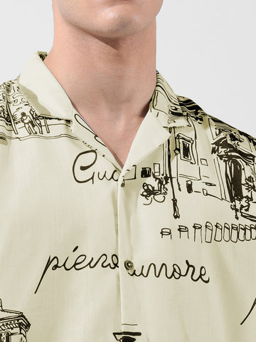 Men's Cream Relaxed Fit Printed Resort Wear Shirt