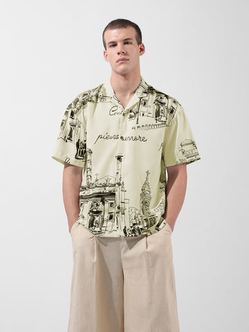 Men's Cream Relaxed Fit Printed Resort Wear Shirt