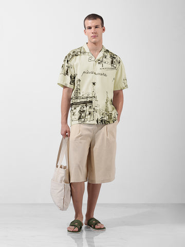 Men's Cream Relaxed Fit Printed Resort Wear Shirt