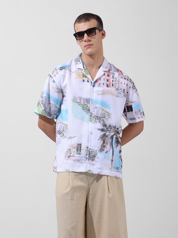 Men's White Relaxed Fit Printed Resort Wear Shirt