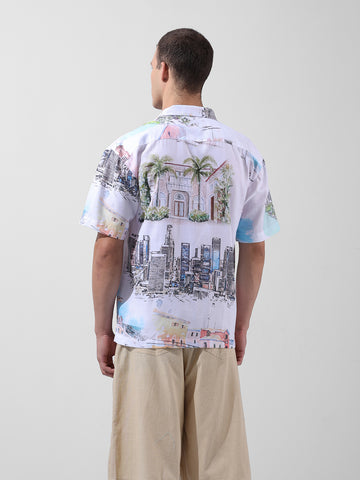 Men's White Relaxed Fit Printed Resort Wear Shirt