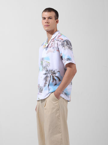 Men's White Relaxed Fit Printed Resort Wear Shirt