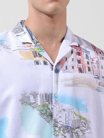 Men's White Relaxed Fit Printed Resort Wear Shirt