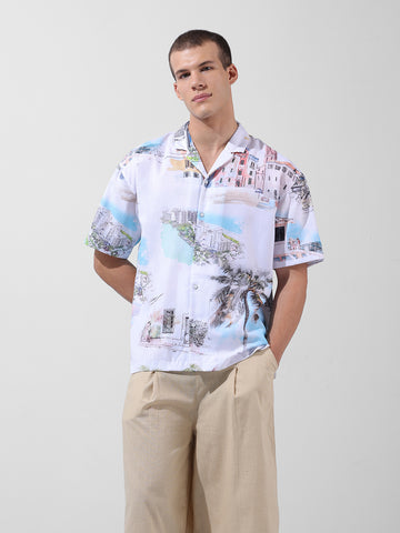Men's White Relaxed Fit Printed Resort Wear Shirt