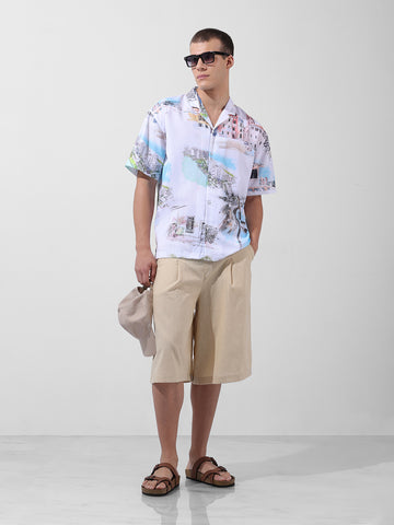 Men's White Relaxed Fit Printed Resort Wear Shirt