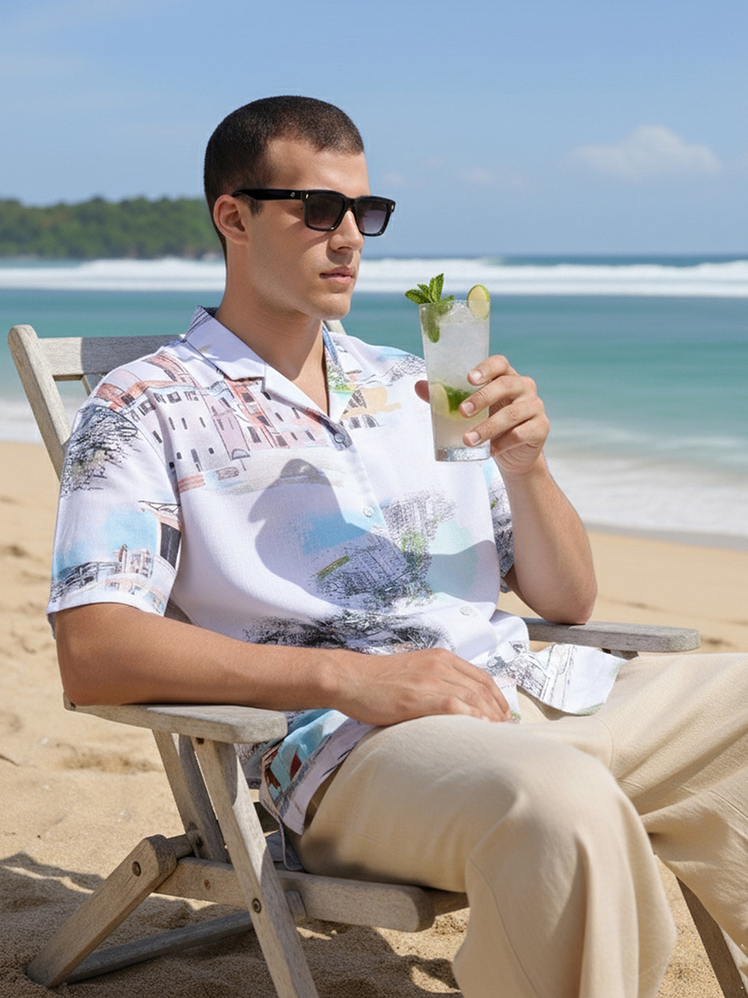 Men's Green Relaxed Fit Printed Resort Wear Shirt